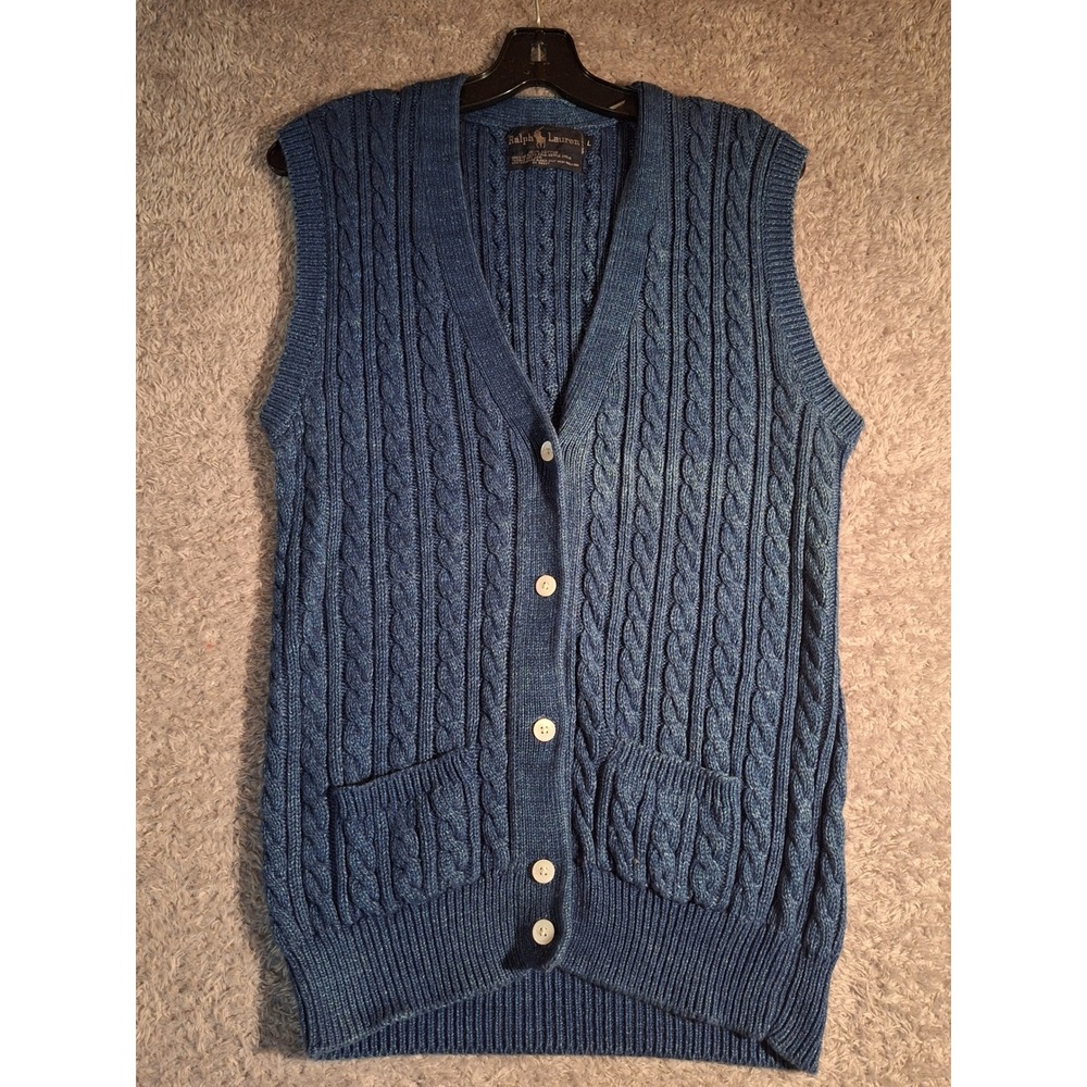 Vintage Ralph Lauren Mens Cable Knit Cardigan Vest Blue Large V-Neck Hong Kong